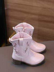 1双女童闪亮中筒粗跟复古西部牛仔切尔西靴，公主街头时尚踝靴 - 粉色 - 查看 4