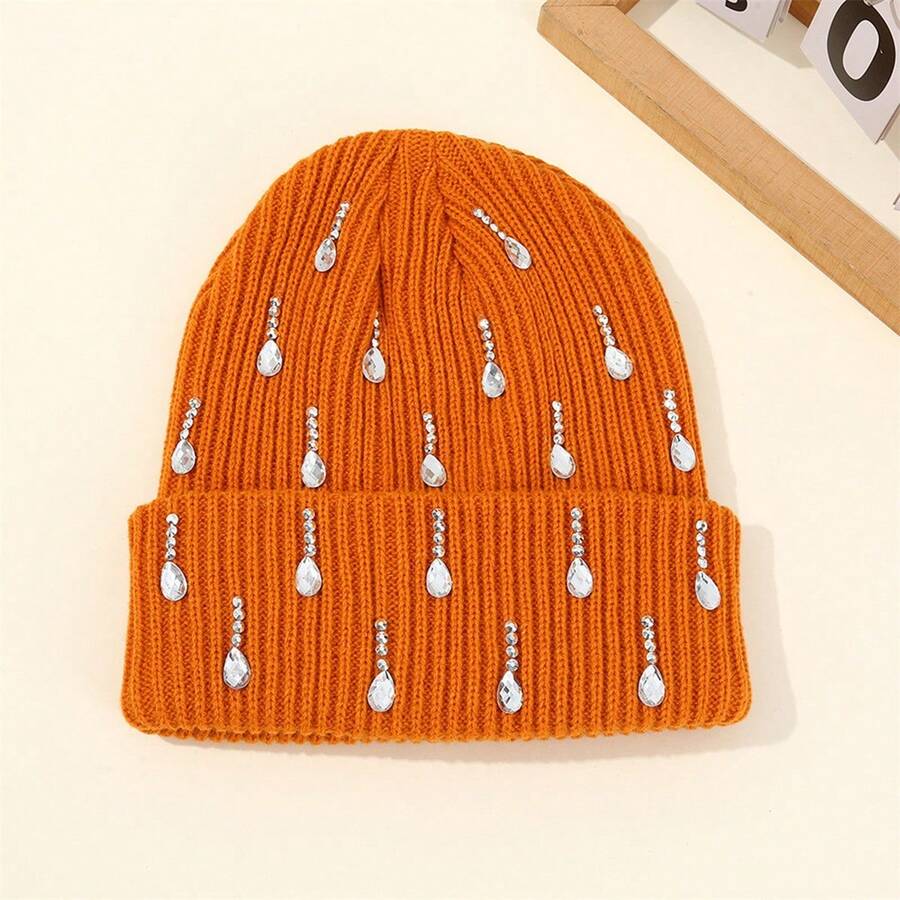 Knit Rhinestone Embellished Hat For Women, Winter Warm Beanies Cap For Outdoor Shopping, Dating, Ski - 橘色 - 查看 1