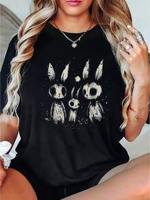 Casual Horror Rabbit Print Crew Neck - Short Sleeve Summer Top For Women - Black - View 1