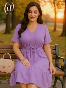 Women's Short Ruffle Dress Casual Duna Short Sleeve Midi Party Evangelical Fashion Elastic Waist. - 紫丁香色 - 查看 1