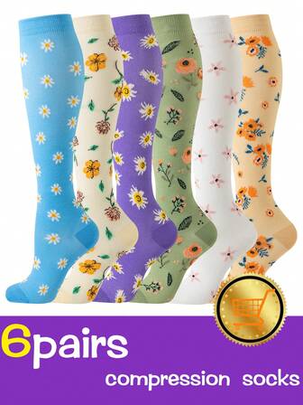 6 Pairs Floral Compression Socks Women Men Breathable Knee High Nurse Flowers Compression Socks Women Sports Doctor Nurse Compression Socks For Running, Cycling, Hiking Nurse Floral Compression Sock Birthday Gift Compression Stocking 2026 New Arrival Nurse Day Gift