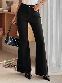 Livesso 女式口袋直筒宽松休闲百搭牛仔裤 - 黑色 - 查看 1