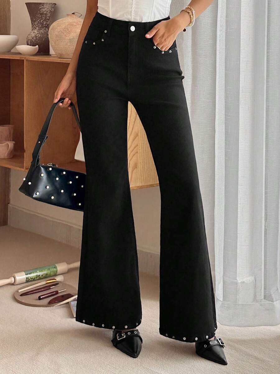 Livesso 女式口袋直筒宽松休闲百搭牛仔裤 - 黑色 - 查看 1