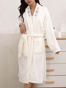 1pc Women's Floral Printed Thick Bathrobe Summer Wedding Home Bathroom Decor Back To School - White Collar Embroidered Robe - View 10