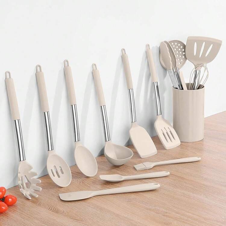 15 Piezas de Utensilios de Cocina de Silicona, Juego de Espátulas Rojas con Soporte, Herramientas Grandes para Utensilios de Cocina Antiadherentes - Caqui - Añade 9