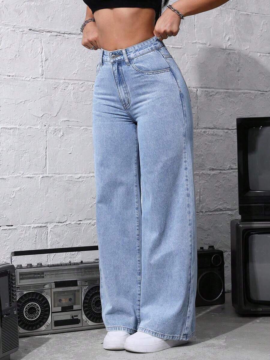 Teen Girl Casual Minimalist Distressed Straight Leg Jeans With Slant Pockets - Blue - View 1