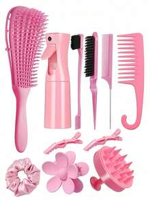 4件套粉色系美发造型梳套装，包含宽齿梳、卷发梳、眉刷和喷雾瓶，适合女孩和女士使用，是日常护发和造型的必备工具，也是理发店美容旅行的理想之选。 - 彩色 - 查看 5