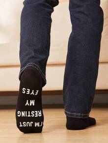 1 Pair Men's Socks, "I'm Not Sleeping, I'm Just Resting My Eyes", Floor Socks, Non-Slip Socks, Funny Socks - Black and White - View 3