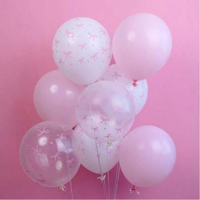 60pcs/Set Pink Bow Latex Balloons, 12 Inch Light Pink Transparent White Bow Print Balloons, Butterfly Theme Birthday Party Decorations Suitable For Women's Birthday, Bachelorette Party, Bridal Shower, Wedding, Anniversary, Christmas Decorations