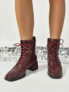 Botas de mujer de caña media con cordones y punta afilada, talla pequeña en un tamaño - Burdeos - Ver 6