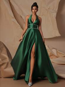 VIPGIRL Robe de soirée élégante pour femme sans manches, dos nu, à bretelles spaghetti, décorée de sequins contrastés, fente haute sur la cuisse, en tissu tissé long dos nu - Vert - Voir 4