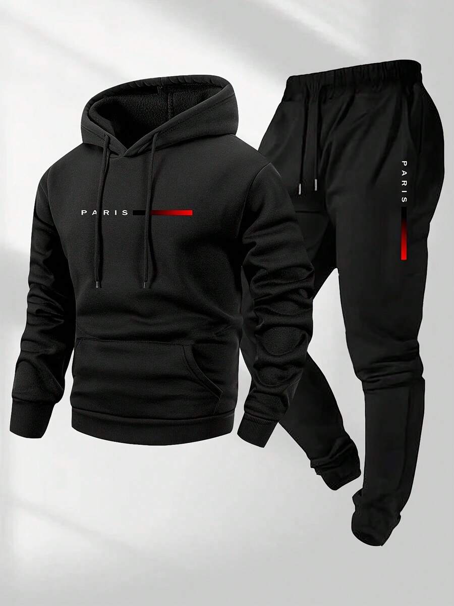 Men's Paris Print Hoodie And Sweatpants Set - Autumn And Winter Multi Color Casual Sportswear - 黑色 - 查看 1