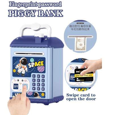 多种款式和颜色可选，ATM机造型存钱罐，密码和指纹解锁，可存放硬币，带音乐/声音/语音提示，手动纸卷，手持式，益智玩具，适合3岁以上儿童，促进亲子互动，配件随机（不含电池），通过儿童安全认证