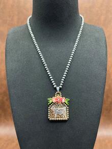 1pc Vintage Western Style Faux Pearl CCB Beaded Chain/Iron Chain, Cow Pendant Necklace, Versatile Short Length, Suitable For Casual Outfits, All Seasons Jewelry, Suitable For Women & Girls To Match Daily Clothes, Party Accessories, Jewelry Gift For Family/Friends/Yourself - Western Cowboy Style - View 8