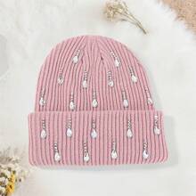 Knit Rhinestone Embellished Hat For Women, Winter Warm Beanies Cap For Outdoor Shopping, Dating, Ski - Hồng - Xem 3