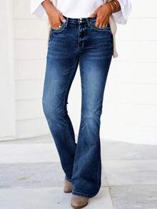 Mid Rise Flared Jeans For Women, Slimming Bootcut Pants With Pockets, Comfort Stretch Denim Trousers Vintage Style - 深色水洗藍 - 查看 3