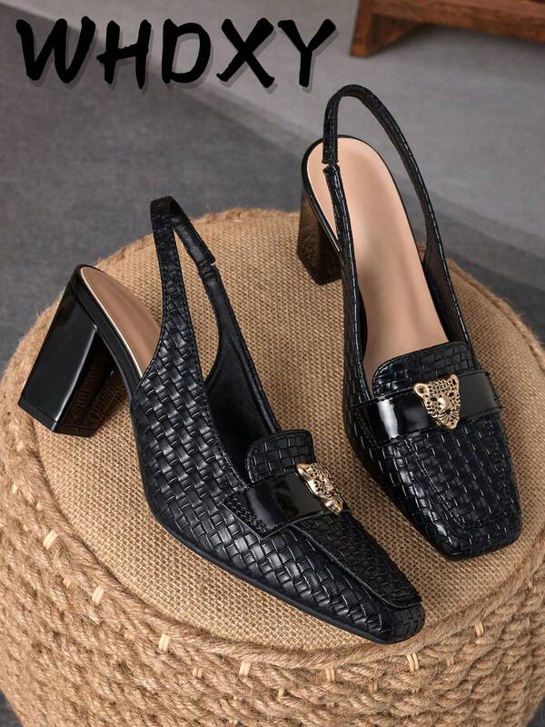 WHDXY 1 Pair Women's Metal Decor Square Toe Backless Buckle High Heel Pumps, Sexy Party Runway 7CM Chunky Heel Dress Shoes For Office, Flight Attendant, Formal Occasions