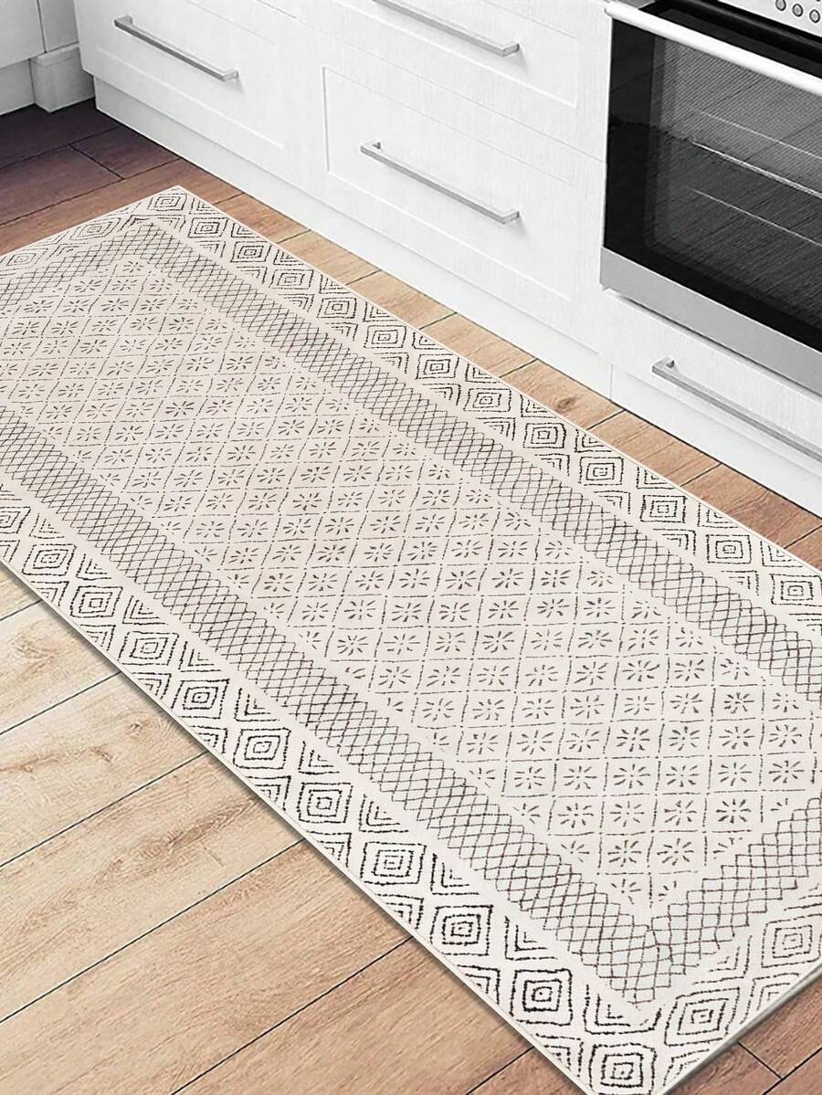 1pc Faux Wool Bohemian Geometric Pattern Kitchen Rug & Mat, Bedroom Carpet, Machine Washable, Suitable For Kitchen, Laundry Room, Bathroom, Bedroom, Living Room, Entryway, All Season, Soft & Comfortable, Minimalist Design