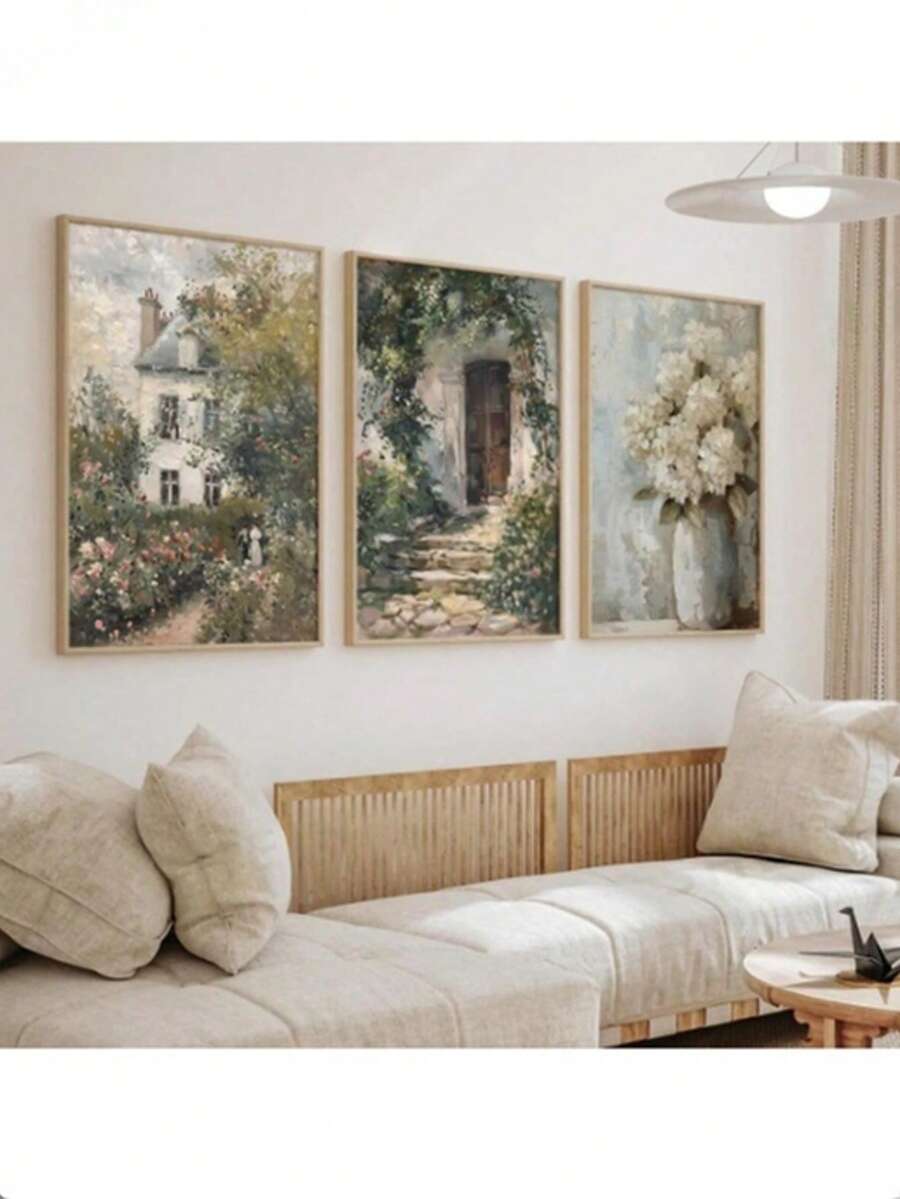 Set Of 3 Vintage Cottage Rose Garden Hydrangeas Oil Painting Print, Rustic Flower Wall Art, Botanical Canvas Poster, Neutral Spring Wall Decor, Ideal Gift For Living Room, Bedroom, Office, Dorm, Cafe, Bar, Hallway, Home And Room Decoration, Unframed