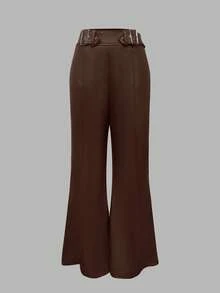 女士优雅高腰纯色长裤，适合夏季和初秋春季通勤穿着 - 咖啡棕 - 查看 2