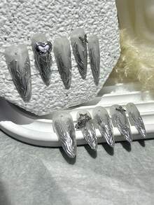 10PCS Gradient Silver Vine Gilt Heart Long Tip Press On Nails Stars Butterfly Diamonds Fake Nails Y2K Cool Handmade Press On Nails Press On Nails Long Nail Supplies (1 Sheets Jelly Stickers+1PC Nail File)