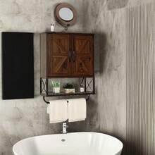 Botiquín de Estilo rústico, Armario de Almacenamiento montado en la Pared con Estante Ajustable y Barra para Toallas, Armario de baño de 3 Niveles para baño, Sala de Estar (Marron) - Marrón - Ver 2