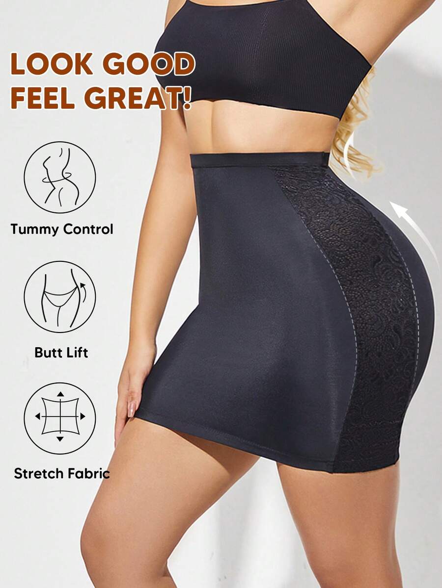 1pc Women Lace Shapewear Slip Skirt, Tummy Control & Butt Lifting - Black - View 1