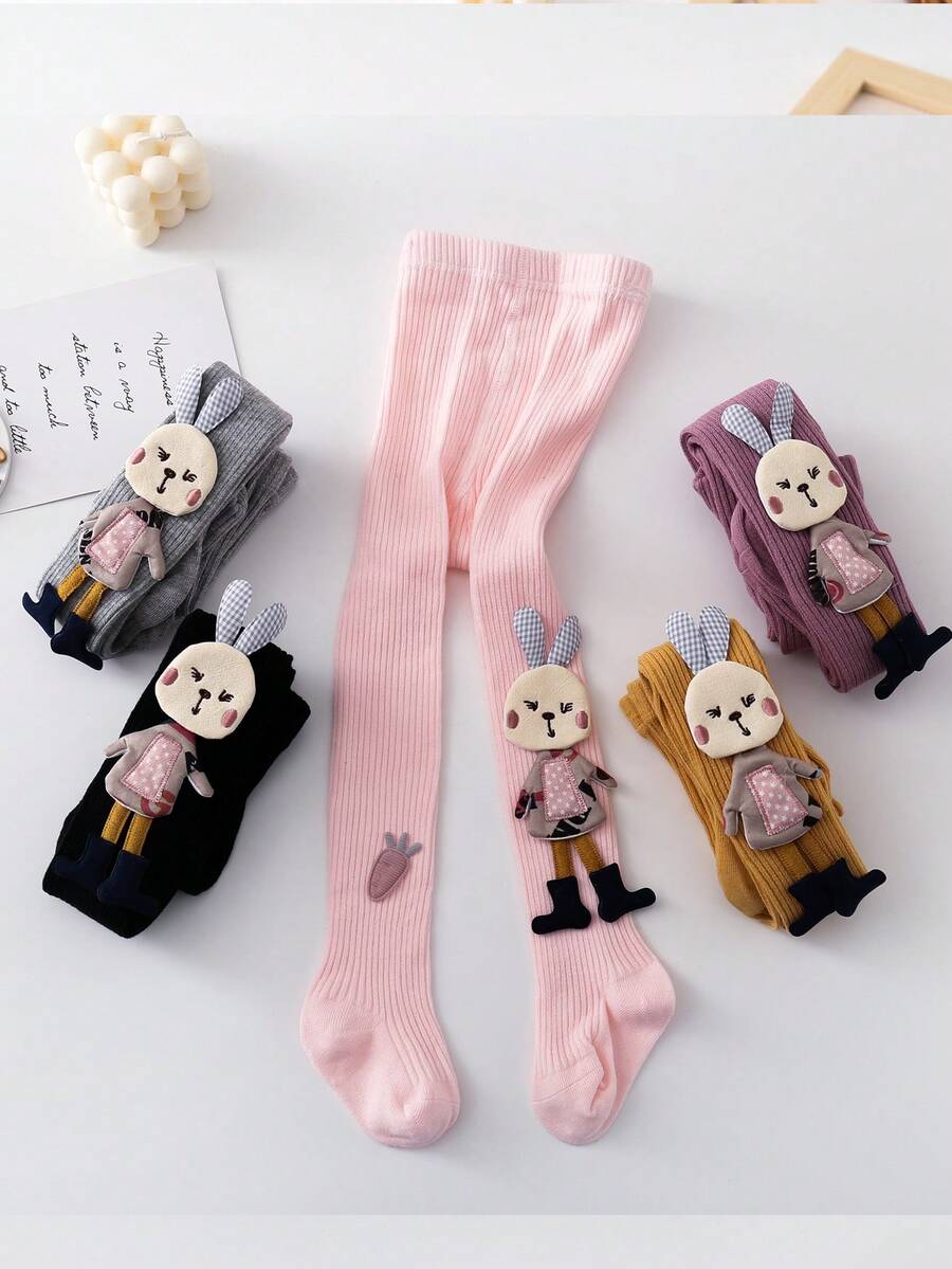 1pc Baby Tights, Spring/Autumn, Girls' Cute Rabbit & Carrot Print Stirrup Leggings, Toddler Bodysuits - Multicolor - View 1
