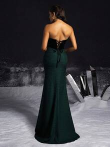 VIPGIRL Elegante vestido formal largo con abertura alta, ajustado, de color block en terciopelo negro y verde, vestido de gala formal, vestido de bola para mujer, vestido elegante para fiesta - Verde Oscuro - Ver 2