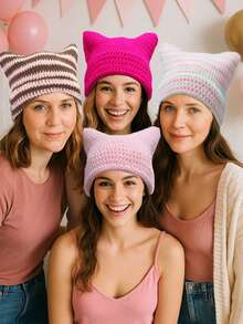 1pc Unisex Hand Knitted Cute Striped Cat Ear Beanie Hat, Autumn Winter Warm Ear Protective Handmade Striped Ski Mask Street Fashion Hip-Hop Couple Headwear - Multicolor - View 8