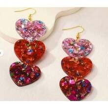 2-Piece Set Of Unique Exaggerated Mixed Color Sequin Heart Earrings, Unique Design, Multi-Color Patchwork