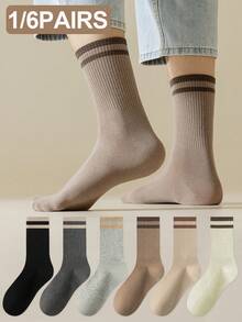 1/6 Pairs Men's Solid Striped Fleece Lined Comfortable Soft Casual Business Sports Mid-Calf Socks, Suitable For Daily Wear