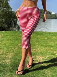 Women's Retro Skinny Fit Gingham Capri Pants With Delicate Lace Trim Side Slit Comfortable Cropped Trousers For Casual Daily Outfits - 紅色 - 查看 4