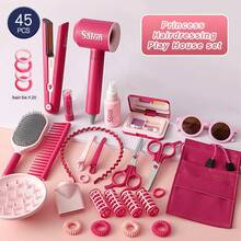 Kids Pretend Play Hairstylist Makeup Salon Toy Set, Girls Realistic Hairdryer, Curling Iron, Makeup Vanity Playset, Birthday Gift - Multicolor - View 15
