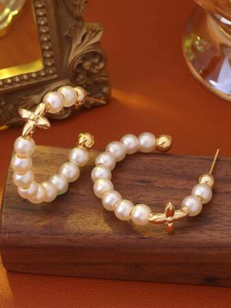 Gold Cross & Pearl Hoop Earrings, Unique Design, Fashionable & Versatile, High-End Jewelry For Women