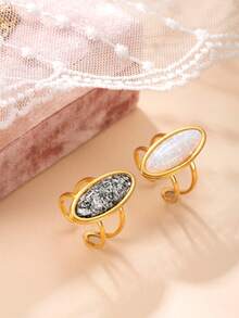 1 pieza de anillo ajustable de acero inoxidable con diseño de gema ovalada de moda, chapado en oro de 18k, adecuado para uso diario de mujeres, citas festivas, compromisos, bodas, accesorio que puede regalarse a amantes, amigos y familiares