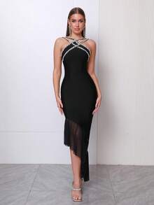 Love Aing 女士时尚手工水晶串珠网纱交叉性感派对宴会鸡尾酒会不对称绷带连衣裙婚礼宾客礼服正式晚礼服春季长裙 - 黑色 - 查看 3