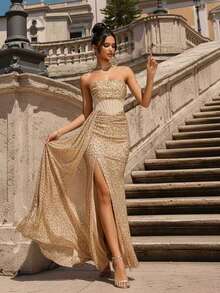 CHOSMO Váy dạ hội xẻ tà đính cườm màu trơn bóng kiểu mới dành cho nữ, thích hợp cho đám cưới, tiệc tùng, sinh nhật, kỷ niệm, tốt nghiệp, lễ hội âm nhạc, ngày lễ, tiệc cocktail, bữa tối trang trọng, chụp ảnh, dạ hội, du lịch, biểu diễn sân khấu và hòa nhạc - Rượu sâm banh - Xem 5