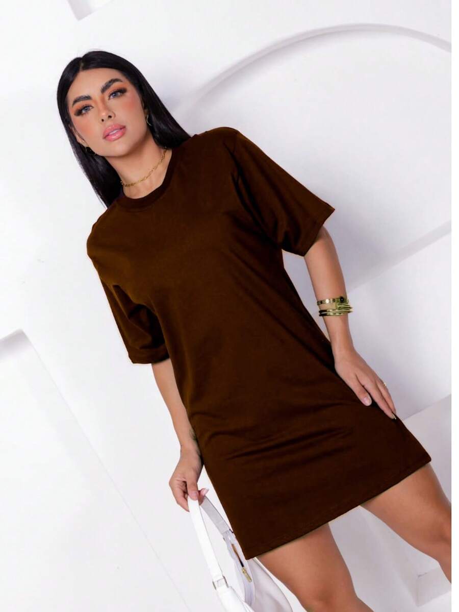 Round Neck Cotton Dress - Rust Brown - View 1