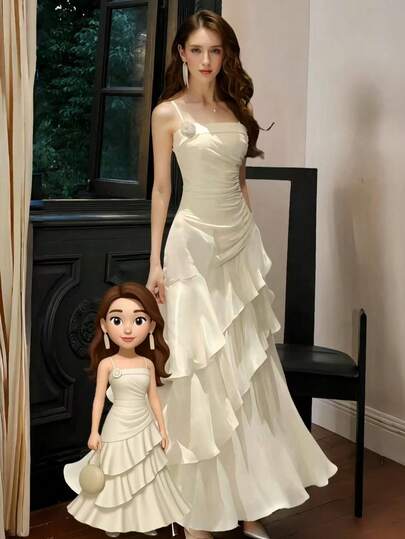 Women's Pearl Embellished Ruffle Hem Evening Dress, Elegant Ladies Gown, Formal Party Dress, Wedding Guest Dress, Cocktail Dress, Women's Christmas Dress, New Year Dress