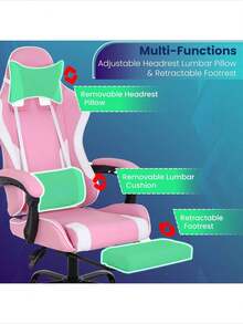 Ergonomic Racing Style Gaming Chair | Computer Desk Chair With Adjustable Lumbar Support | Breathable, Reclinable Design For Long Gaming/Work Hours - 粉色 - 查看 3