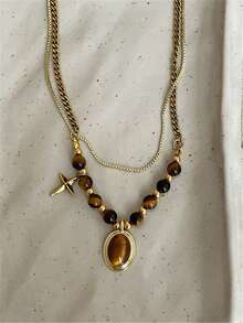 1pc Vintage Brown Stone Bead Pendant Necklace, Gold Plated Chain Layered Metal Necklace, Autumn/Winter Sweater Jewelry, Gift For Women - Multicolor - View 14