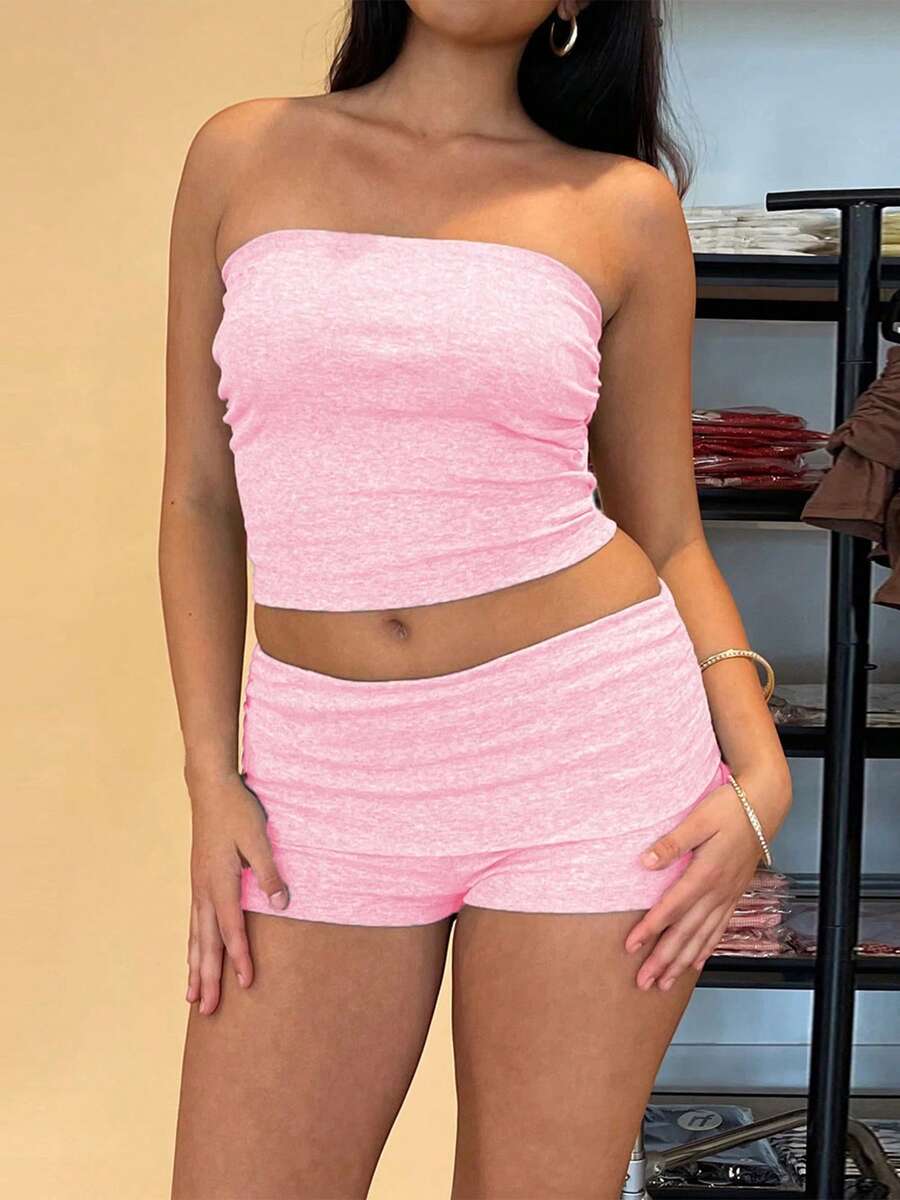 Autumn Clothes Women's Workout Shorts Set Slim Fit Solid Color Strapless Tops And Mid Rise Shorts 2 Pcs Outfits - Rosa - Ver 1