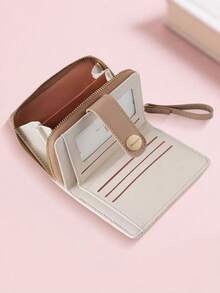New Korean Style Folding Buckle Short Women's Wallet, Japanese Cute Cat Cartoon Integrated Card Holder, Student Bag, Zipper Coin Purse Wallet - Màu Khaki - Xem 6