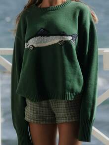 Women Knit Sweater Long Sleeve Soft Crew Neck Cute Fish Graphic Sweater Contrast Color Y2k Pullover Warm Sweater For Fall Winter - Dark Green - View 1