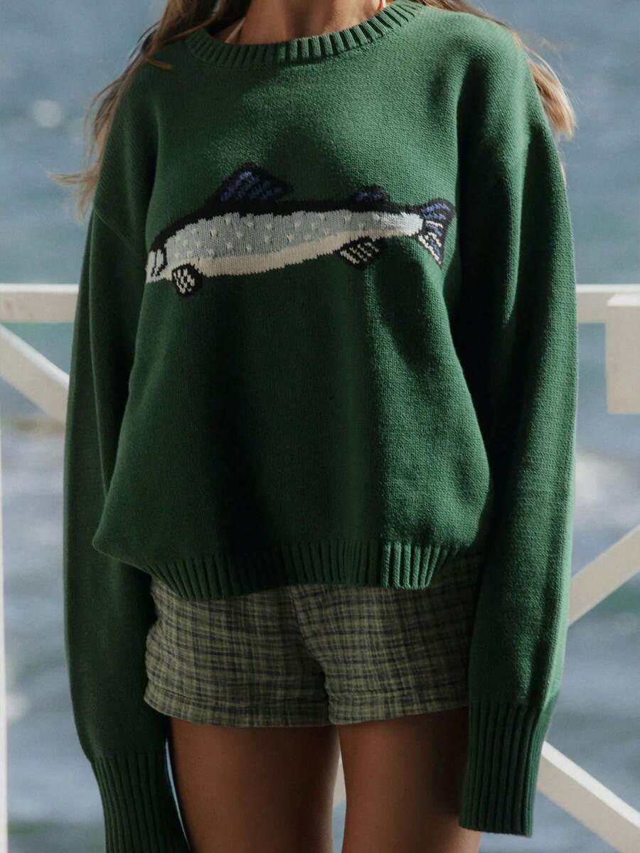 Women Knit Sweater Long Sleeve Soft Crew Neck Cute Fish Graphic Sweater Contrast Color Y2k Pullover Warm Sweater For Fall Winter - Dark Green - View 1