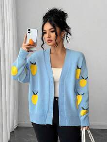 Plus-Size Women's Fall And Winter Fashionable V-Neck Long-Sleeve Knitted Cardigan, With Mango Jacquard Color-Blocking Design, Ideal For Sweet And Casual Daily Wear And School Outfits.
