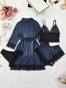 5-Piece Women's Satin Pajama Set - Floral Lace Camisole & Panties + Bow Shorts + Belted Robe - Luxury Sleepwear & Loungewear - Royal Blue - View 2