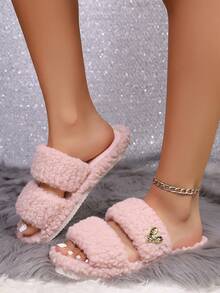 Pantuflas abiertas de plumón con decoración de corazón minimalista y elegante, suela suave y cómoda, ligera, adecuada para sala de estar y dormitorio, para todas las estaciones - Rosa - Ver 7