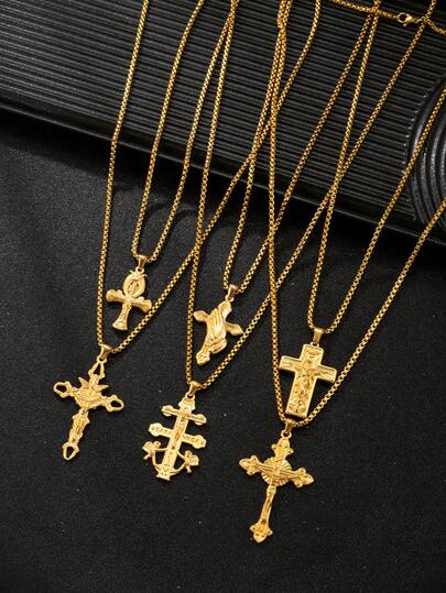 Colar com cruz de Jesus em tom dourado, corrente banhada a ouro, adequado para uso em orações ou presentes para namorado